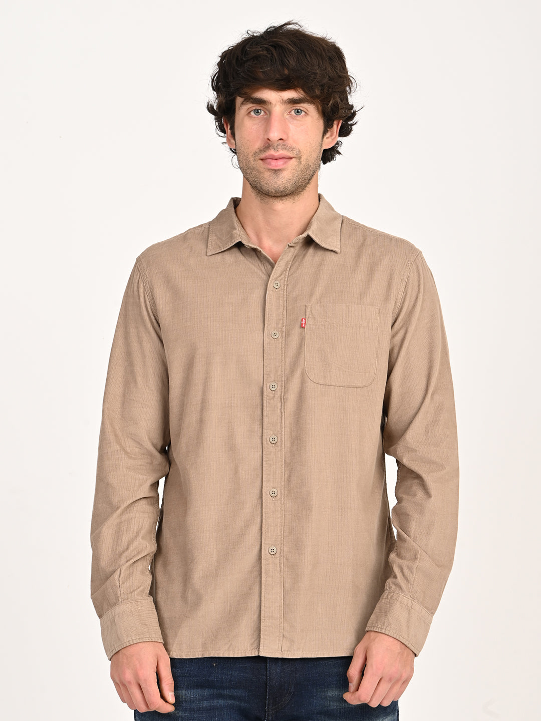 Men's Corduroy Solid Beige Slim Fit Shirt - front View