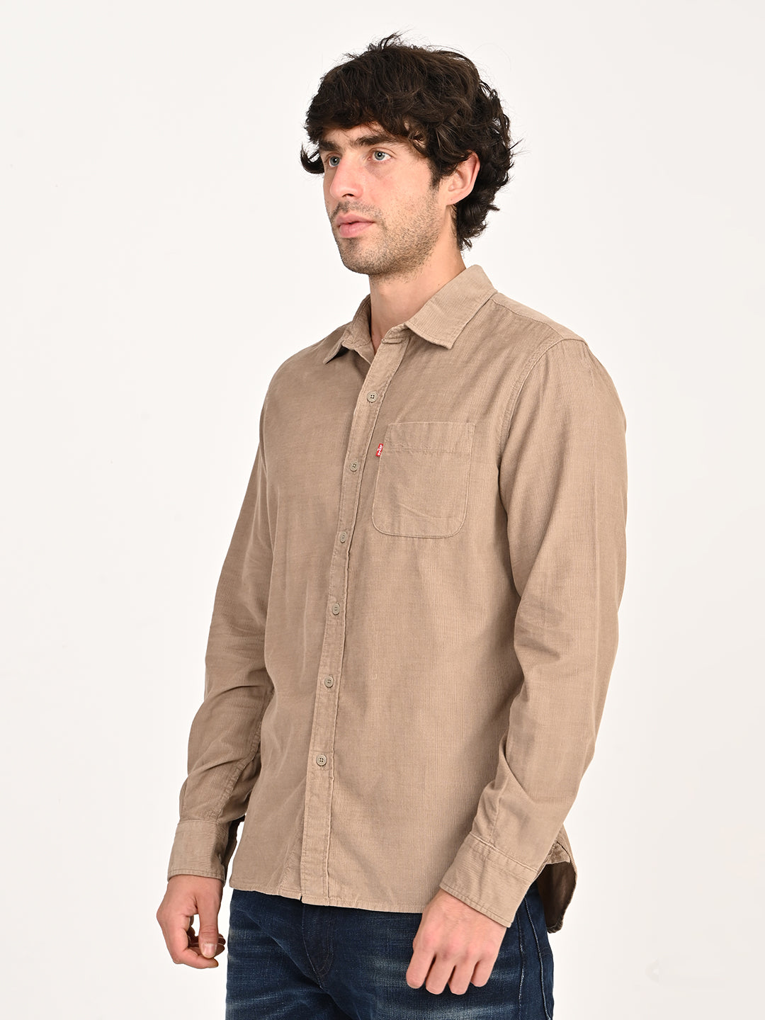 Men's Corduroy Solid Beige Slim Fit Shirt - side View