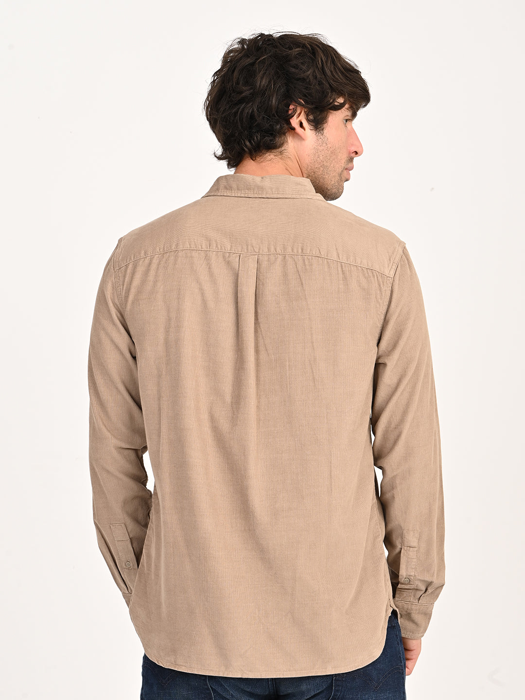 Men's Corduroy Solid Beige Slim Fit Shirt - back View