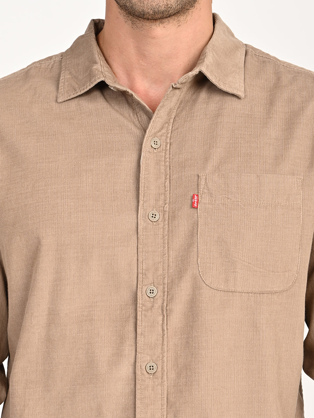 Men's Corduroy Solid Beige Slim Fit Shirt - details View