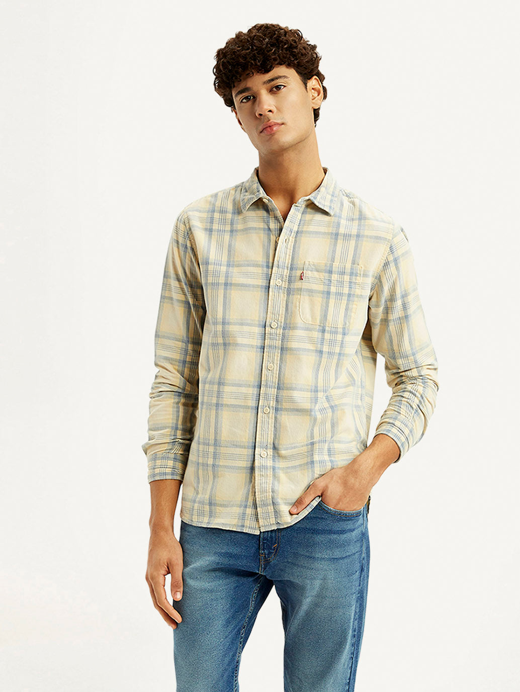 Men's Checkered Light Yellow Slim Fit Corduroy Shirt - Styleshot View