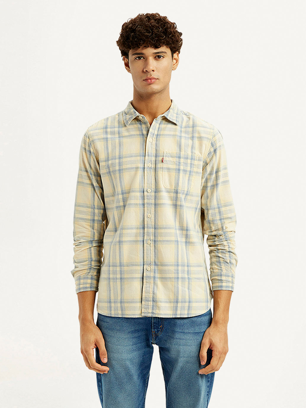 Men's Checkered Light Yellow Slim Fit Corduroy Shirt - Front View