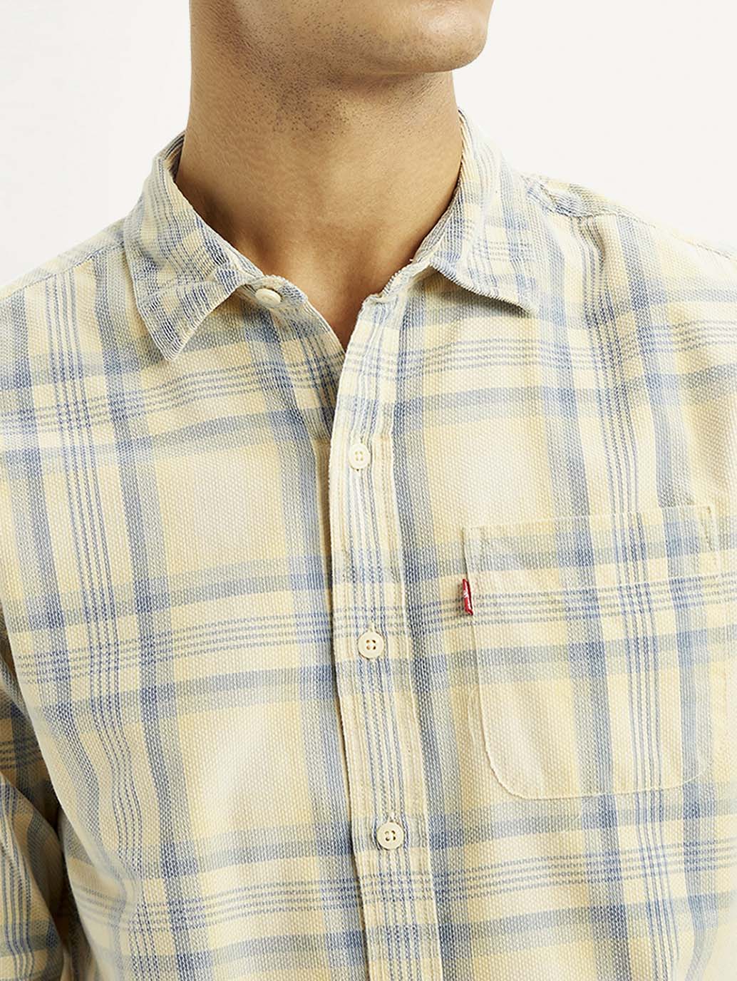 Men's Checkered Light Yellow Slim Fit Corduroy Shirt - Detail View