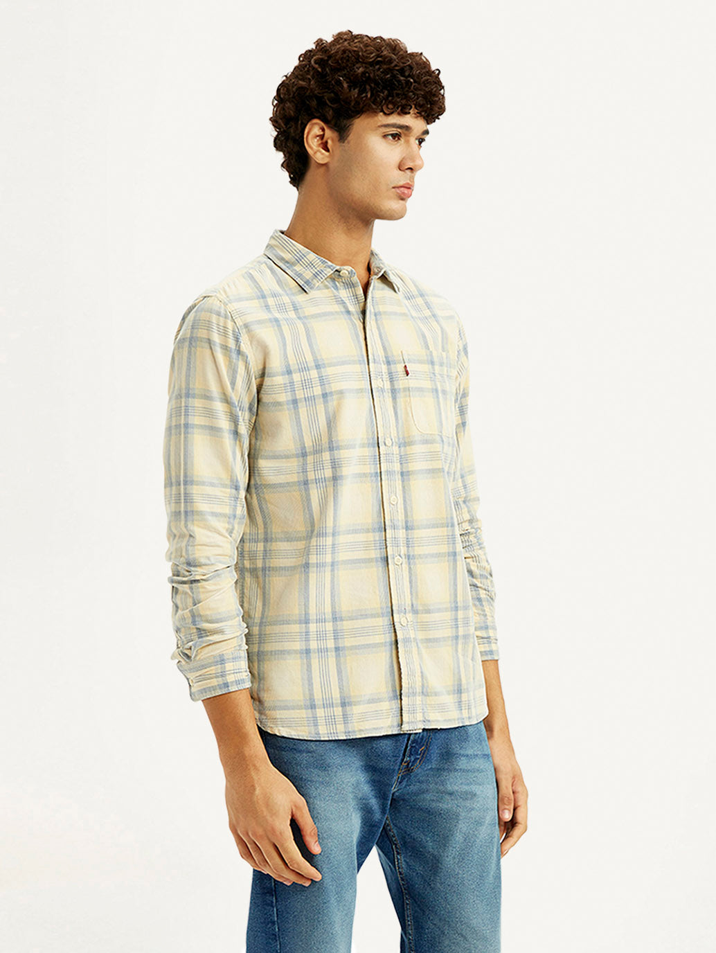 Men's Checkered Light Yellow Slim Fit Corduroy Shirt - Side View