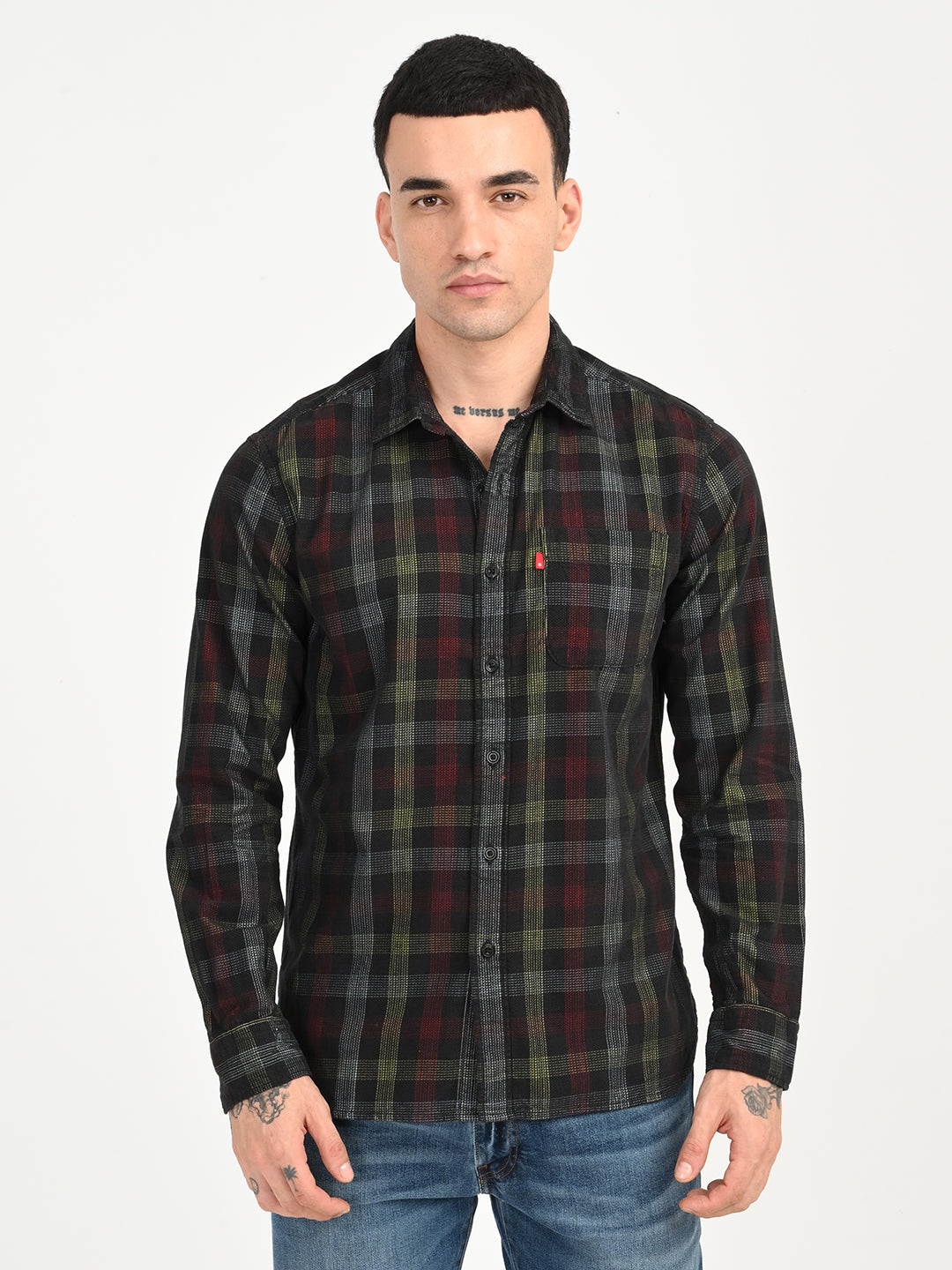Men's Checkered Multi Color Slim Fit Corduroy Shirt - frount View