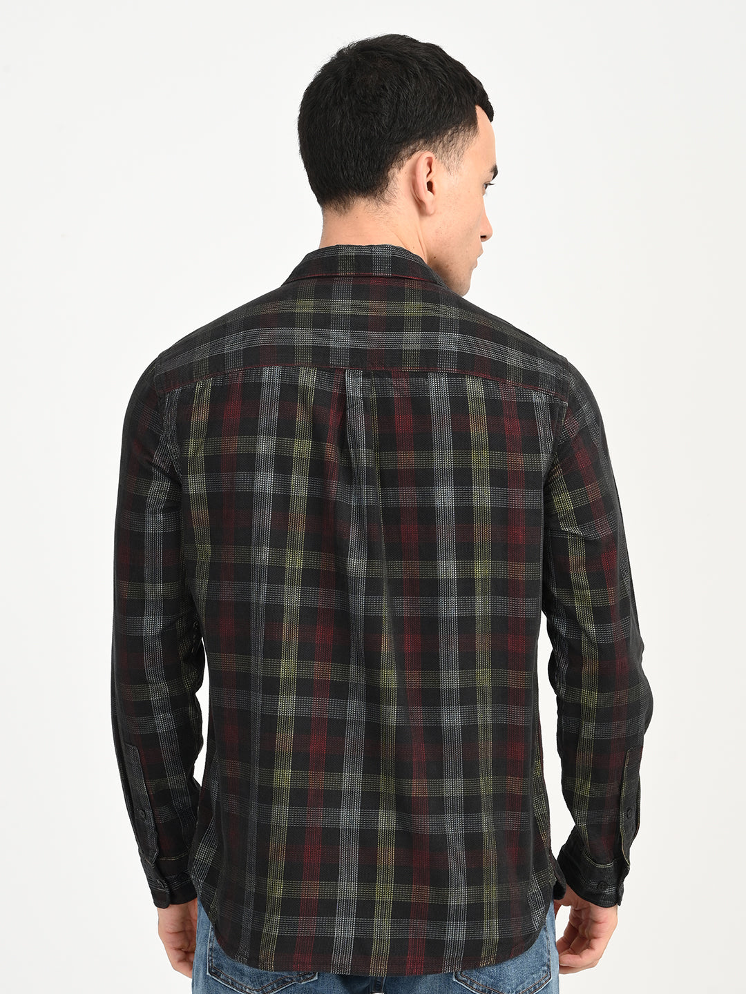 Men's Checkered Multi Color Slim Fit Corduroy Shirt - back View