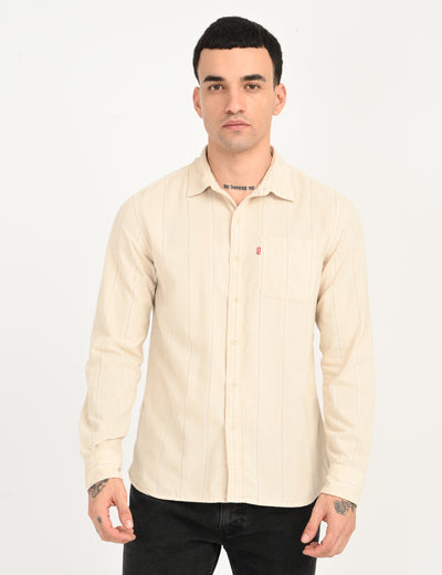 Men's Striped Cream Slim Fit Corduroy Shirt-image-8