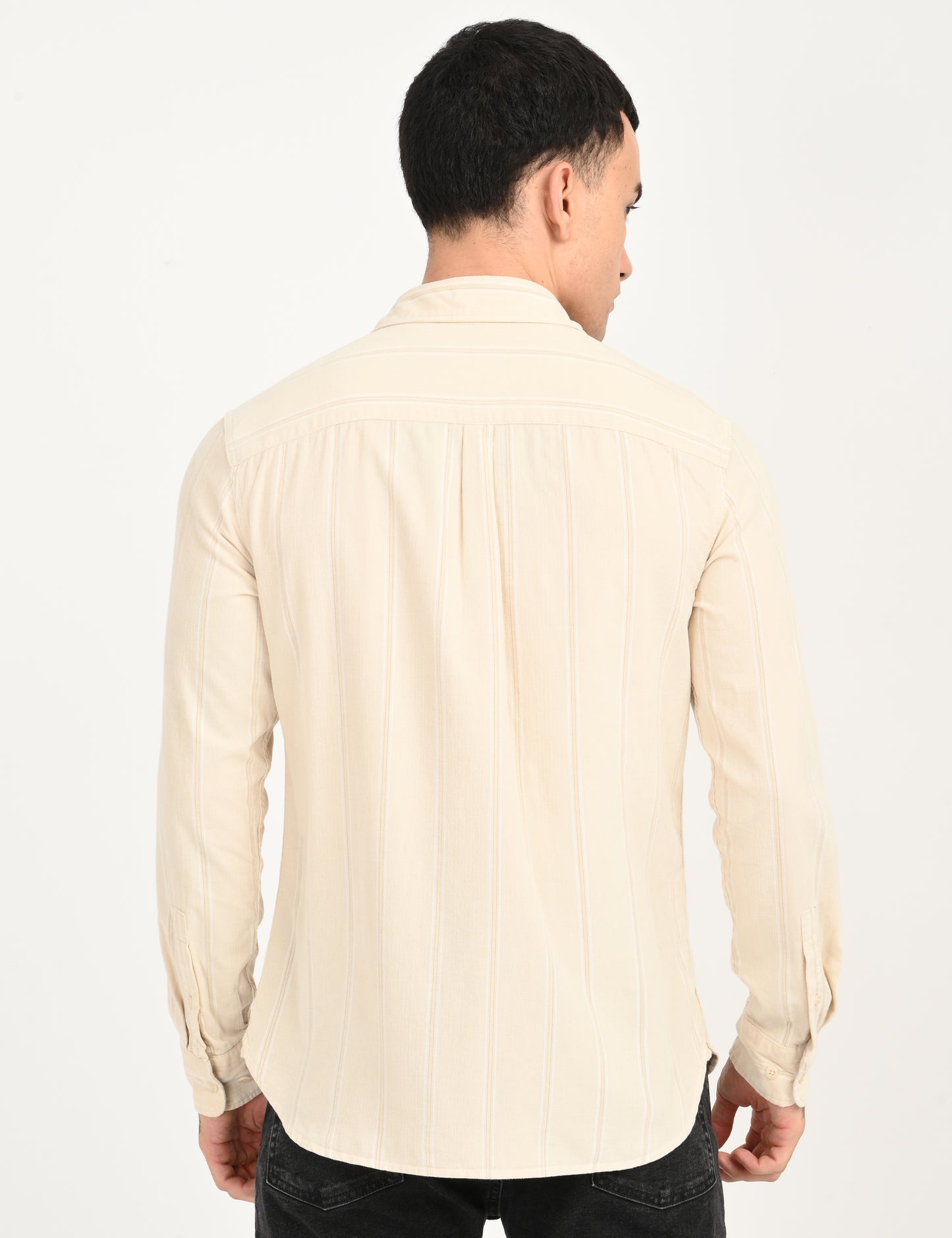 Men's Striped Cream Slim Fit Corduroy Shirt - back View