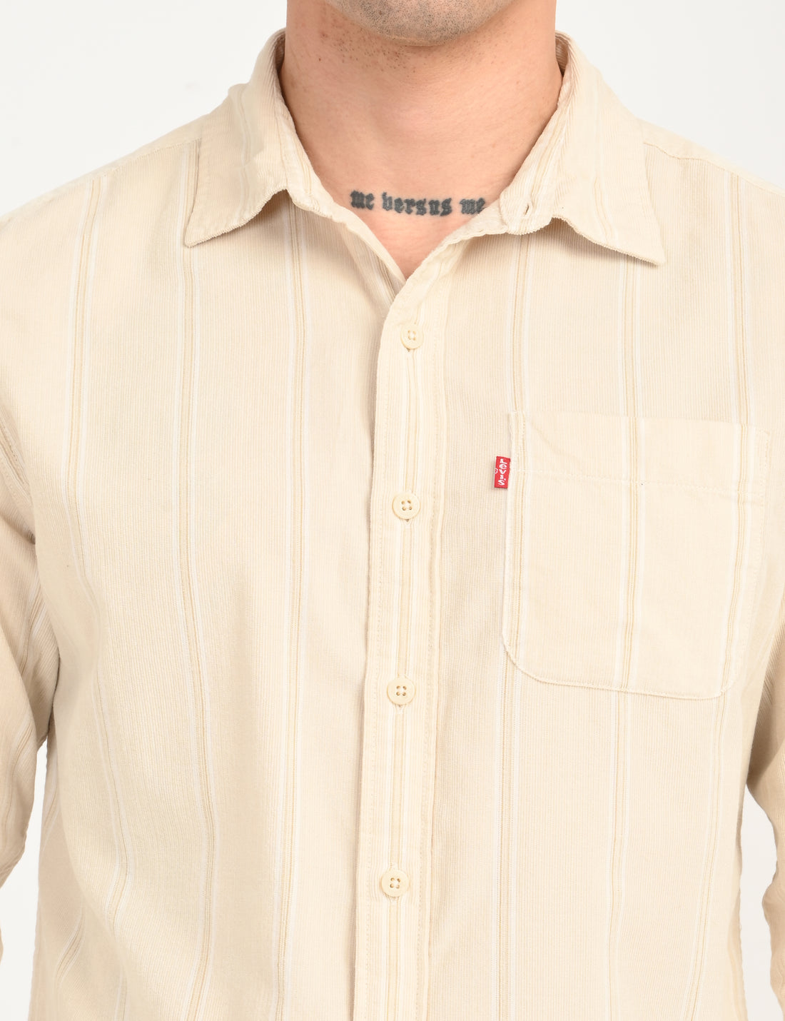 Men's Striped Cream Slim Fit Corduroy Shirt - deatil View