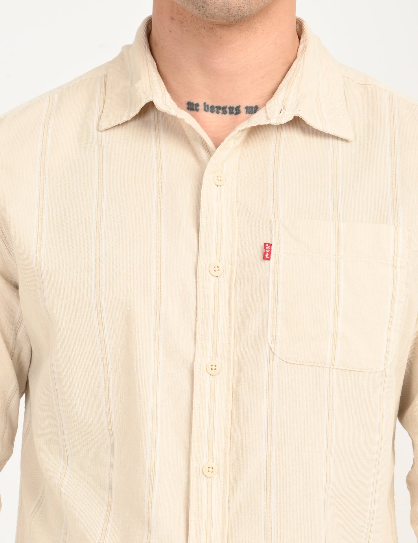 Men's Striped Cream Slim Fit Corduroy Shirt - Main Image