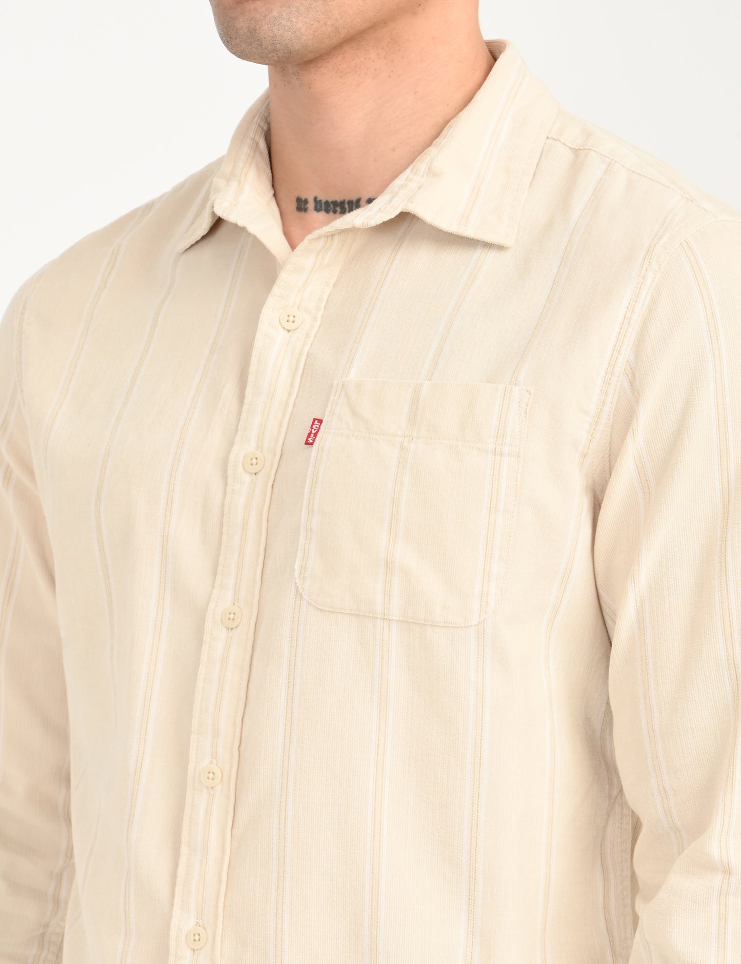 Men's Striped Cream Slim Fit Corduroy Shirt - deatil View