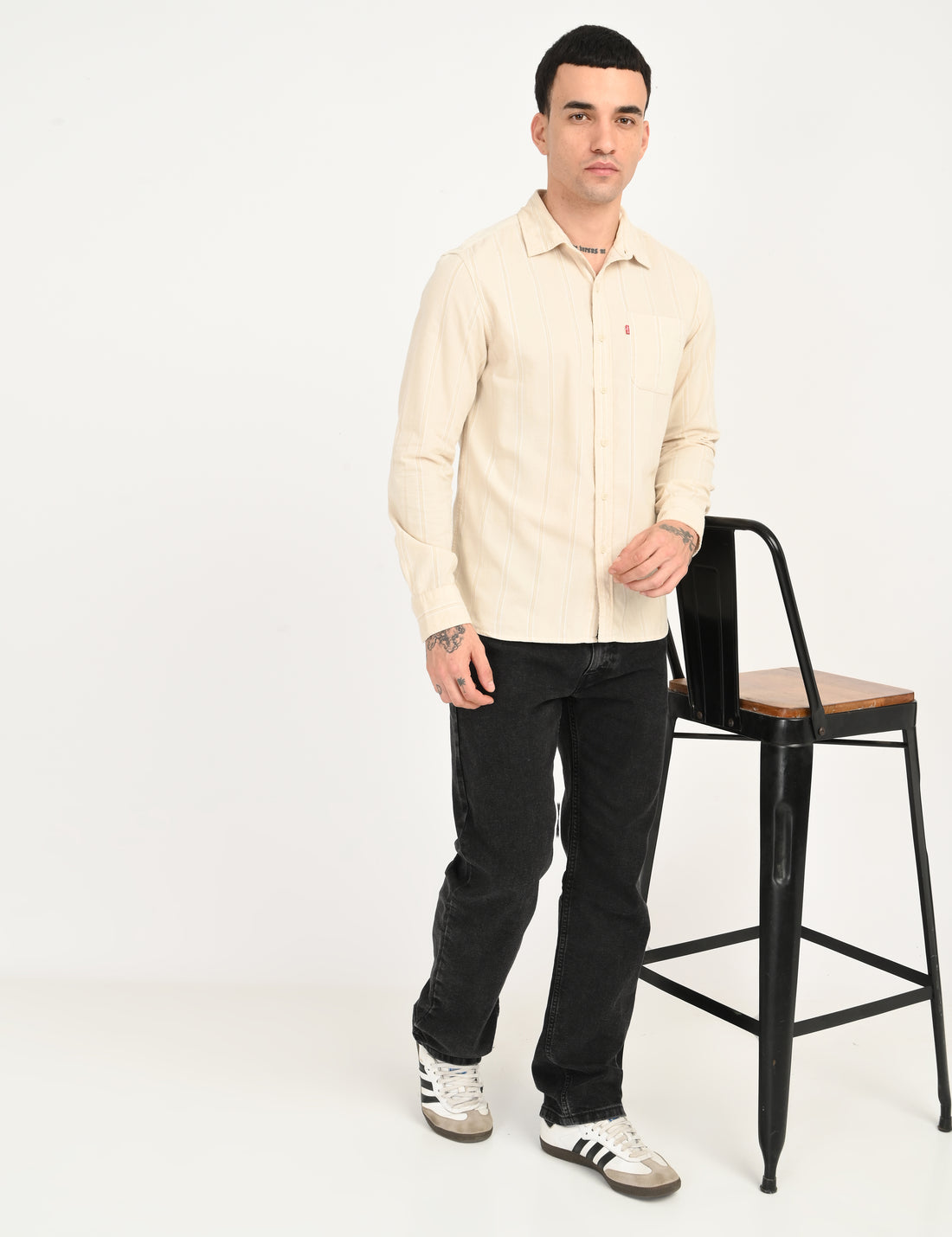 Men's Striped Cream Slim Fit Corduroy Shirt - 6 View