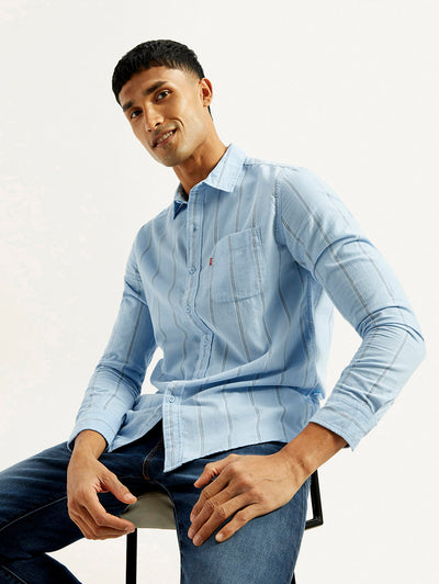 Men's Striped Light Blue Slim Fit Shirt-image-19