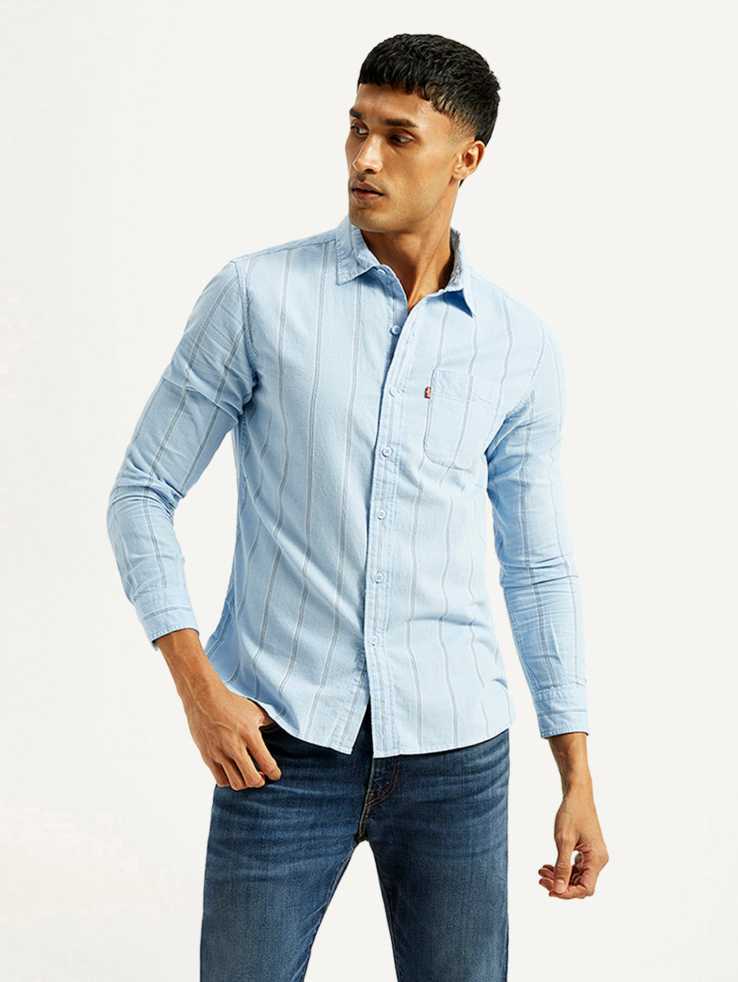 Men's Striped Light Blue Slim Fit Corduroy Shirt - Styleshot View