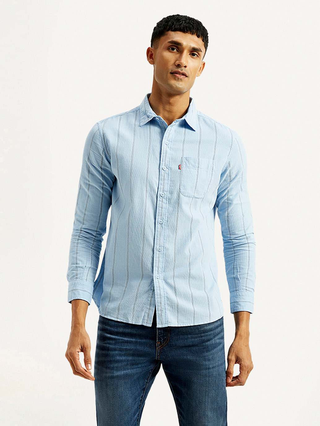 Men's Striped Light Blue Slim Fit Corduroy Shirt - Front View