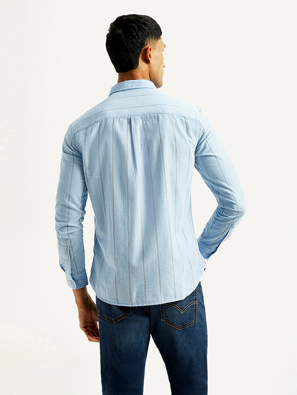 Men's Striped Light Blue Slim Fit Shirt - Back View