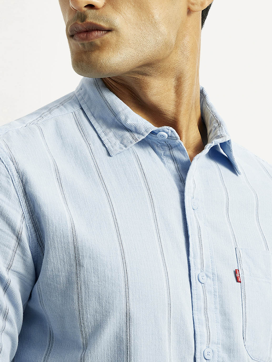Men's Striped Light Blue Slim Fit Corduroy Shirt - Detail View