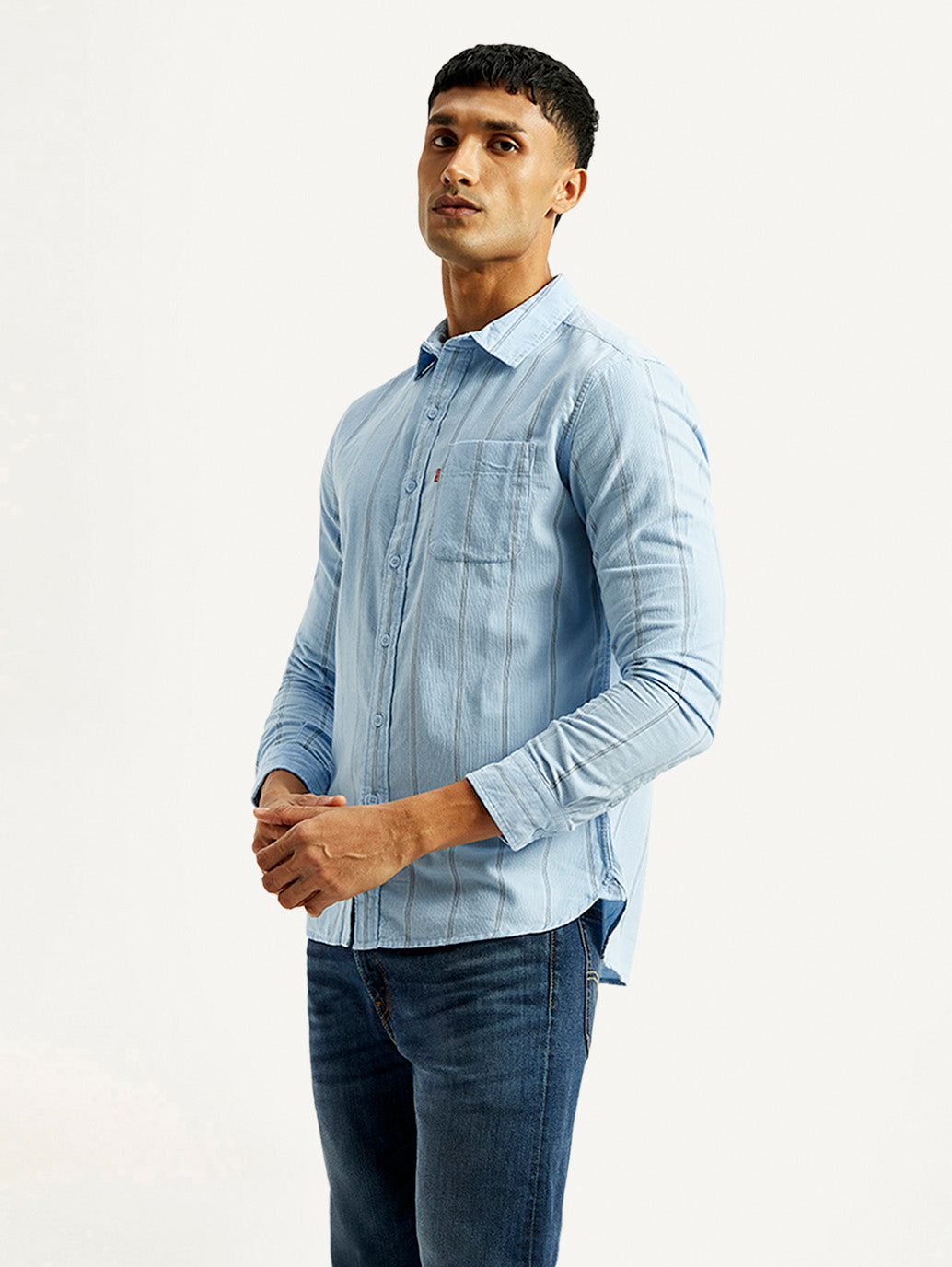 Men's Striped Light Blue Slim Fit Corduroy Shirt - Side View