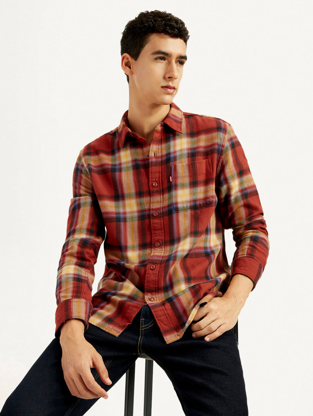Men's Plaid Rust Slim Fit Shirt - Elevated View