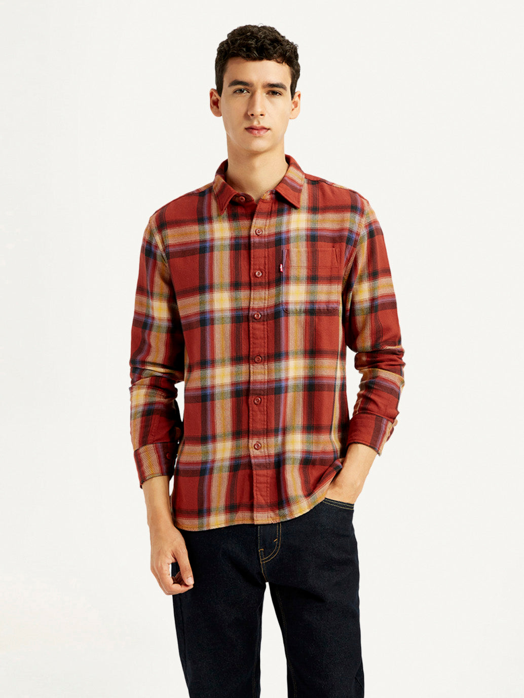Men's Plaid Rust Slim Fit Shirt - Front View