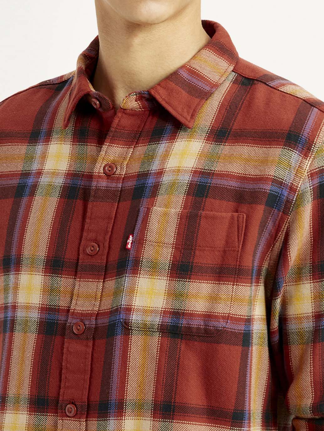 Men's Plaid Rust Slim Fit Shirt - Detail View