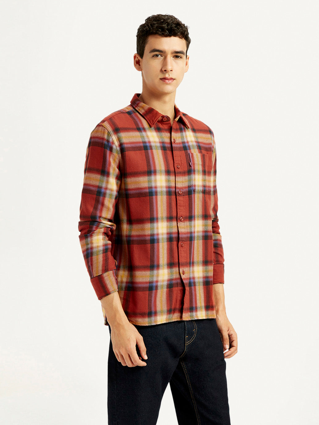 Men's Plaid Rust Slim Fit Shirt - Side View
