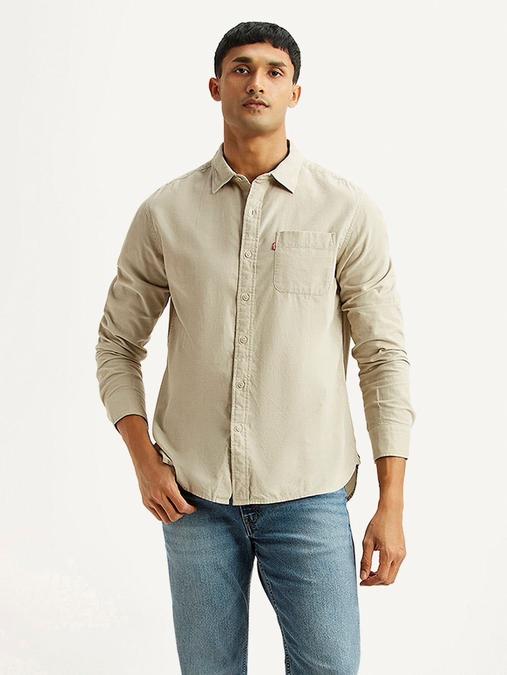 Men's Solid Beige Slim Fit Corduroy Shirt