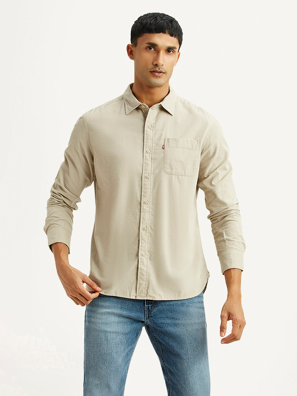 Men's Solid Beige Slim Fit Corduroy Shirt - Front View