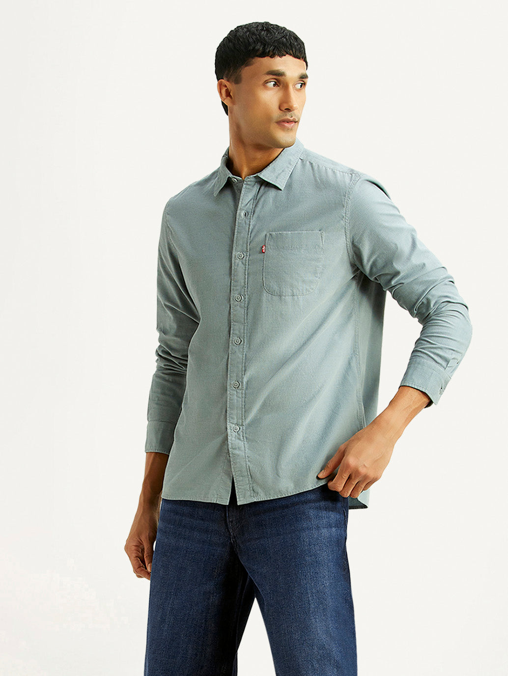 Men's Solid Light Blue Slim Fit Corduroy Shirt - Styleshot View