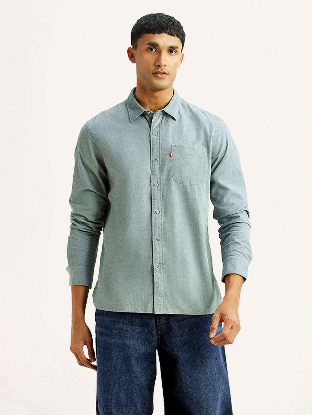 Men's Solid Light Blue Slim Fit Corduroy Shirt - Front View