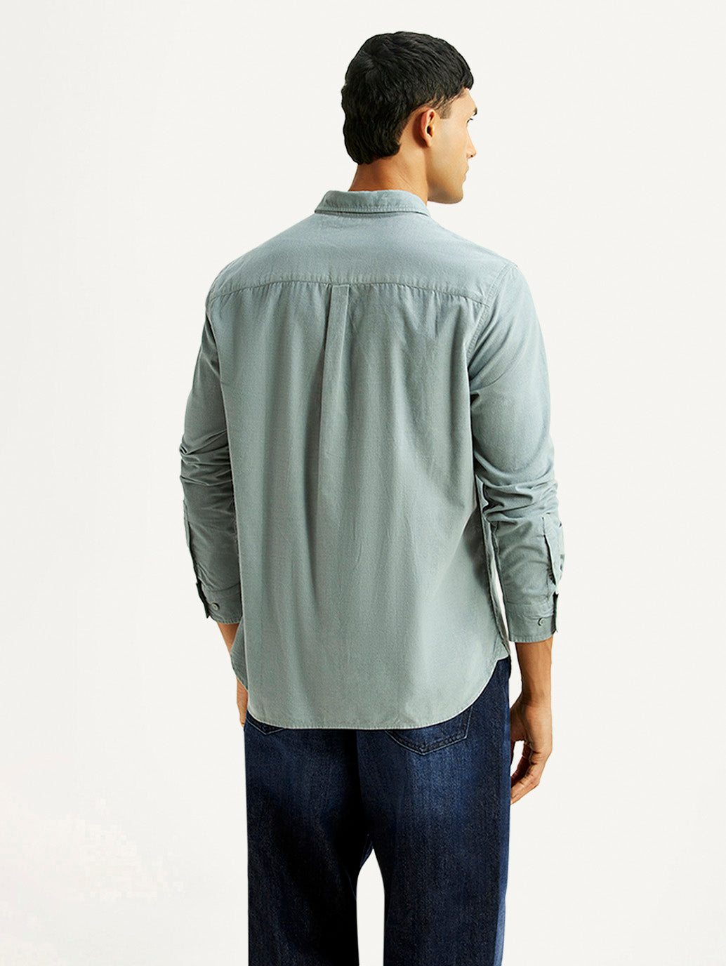 Men's Solid Light Blue Slim Fit Corduroy Shirt - Back View
