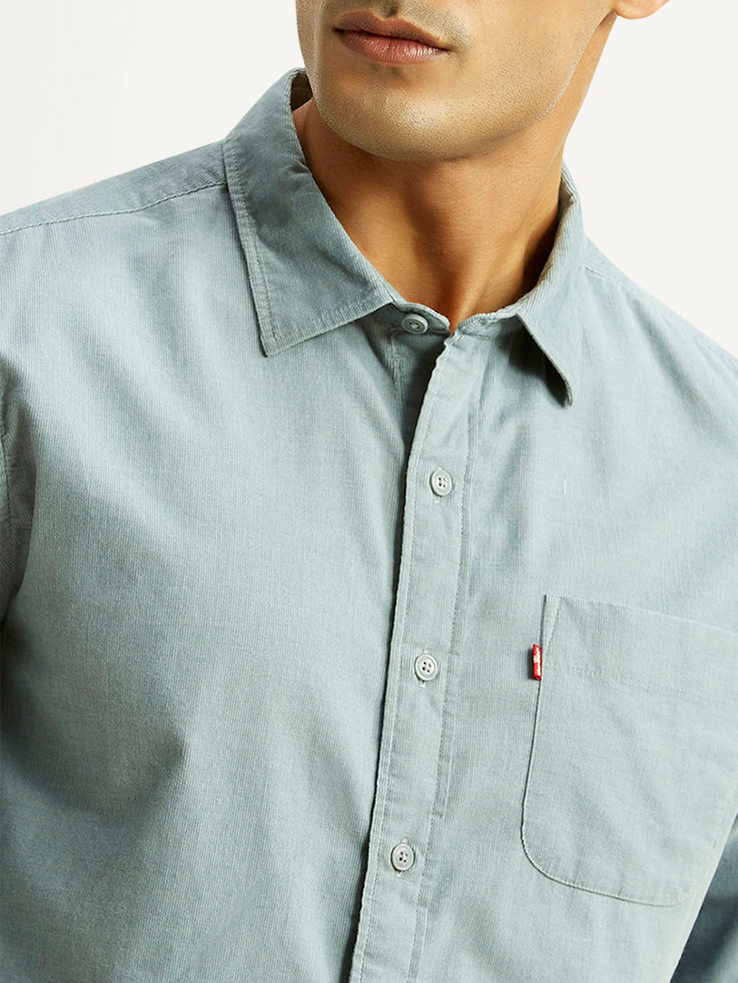Men's Solid Light Blue Slim Fit Corduroy Shirt - Detail View