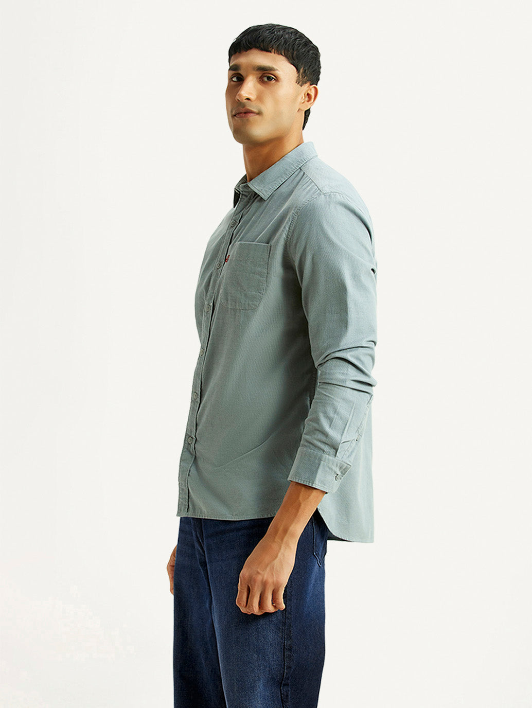 Men's Solid Light Blue Slim Fit Corduroy Shirt - Side View
