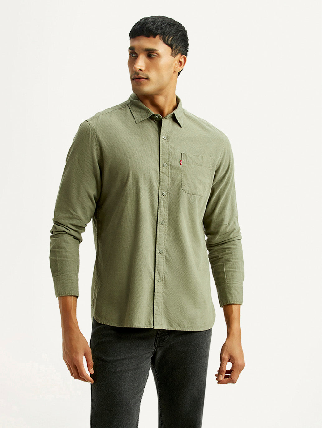Men's Solid Olive Slim Fit Shirt - Front View