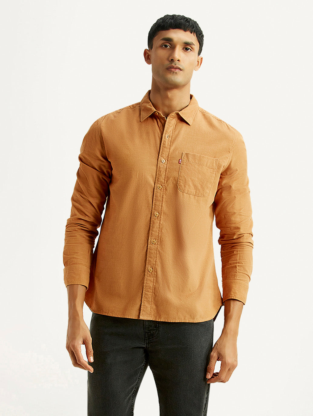 Men's Solid Tan Slim Fit Corduroy Shirt - Styleshot View