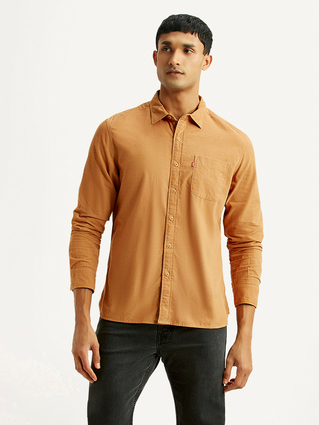 Men's Solid Tan Slim Fit Corduroy Shirt