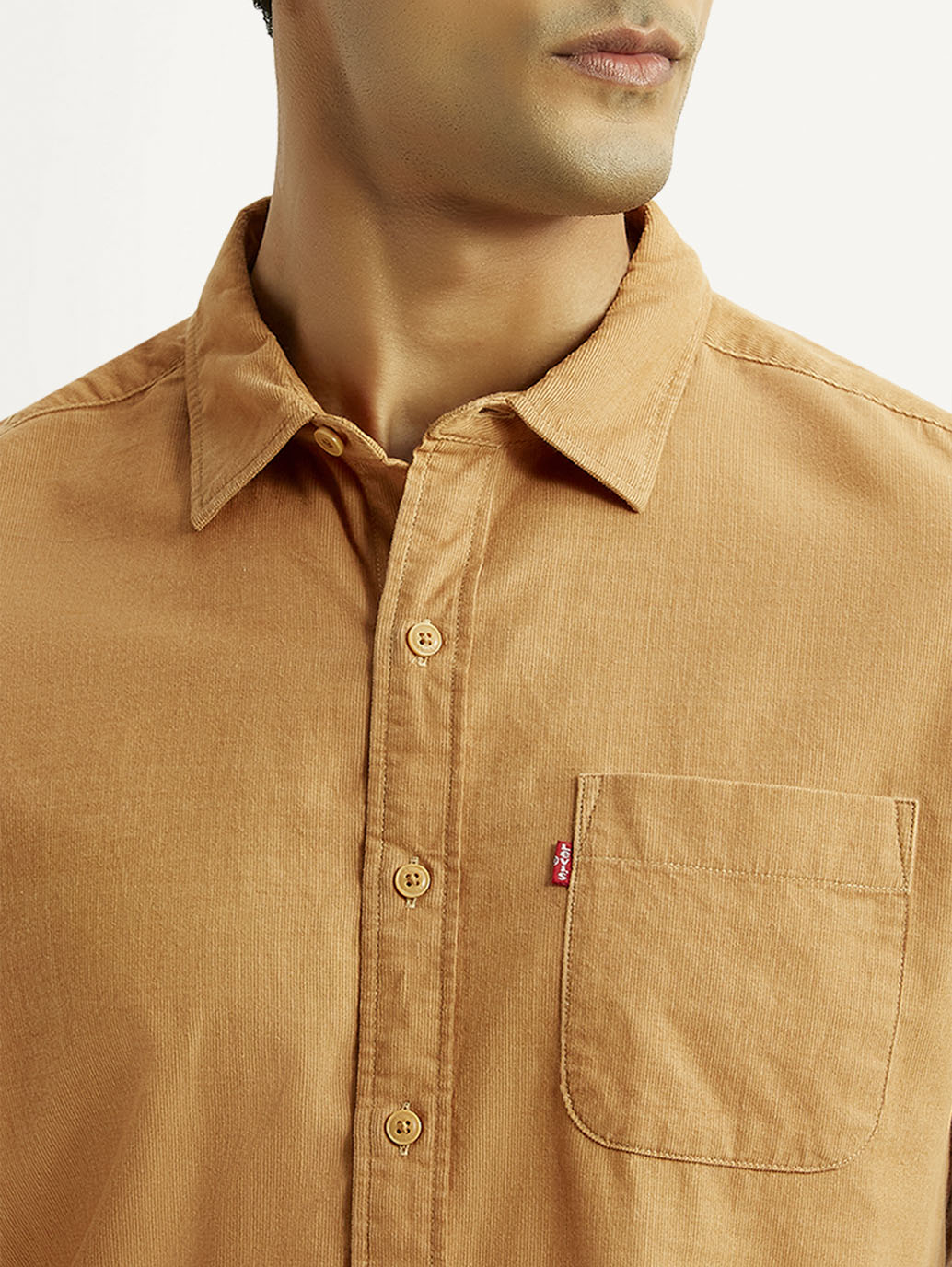 Men's Solid Tan Slim Fit Corduroy Shirt - Detail View