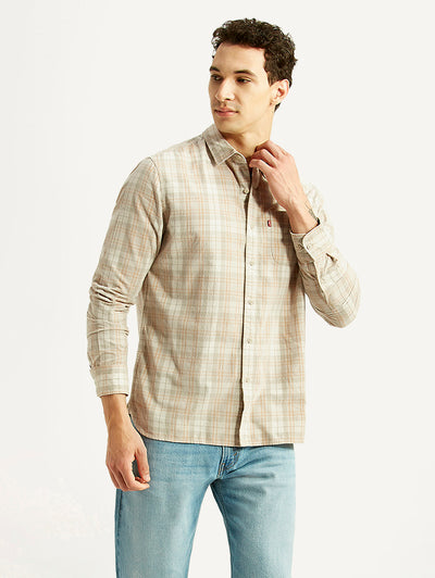 Men's Checkered Beige Slim Fit Shirt-image-32