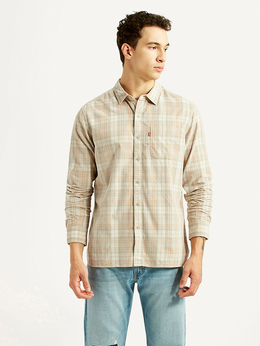 Men's Checkered Beige Slim Fit Shirt - Front View