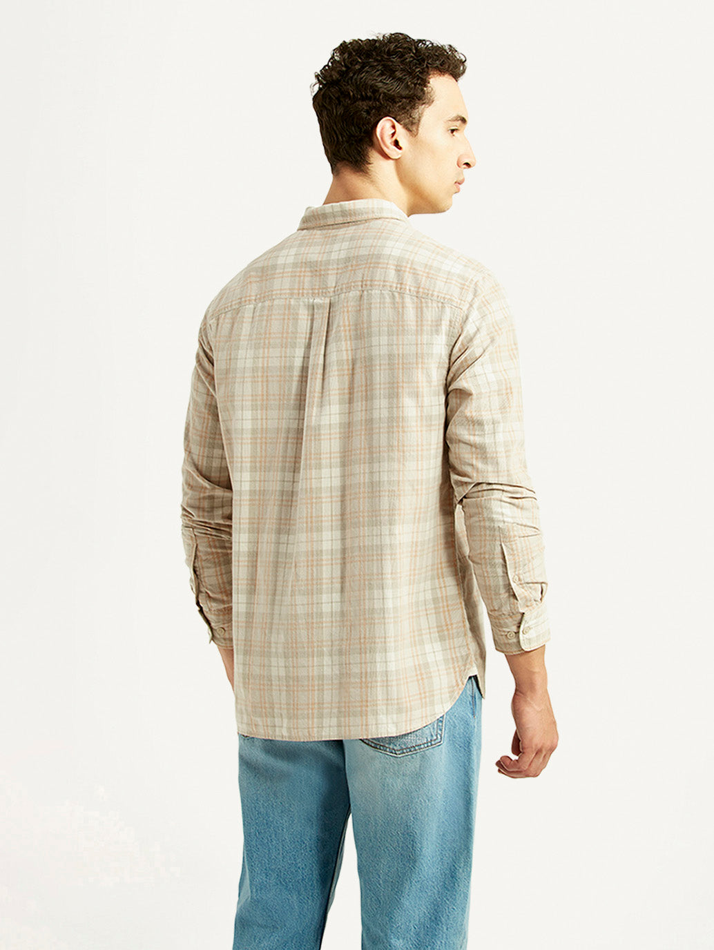 Men's Checkered Beige Slim Fit Shirt - Back View