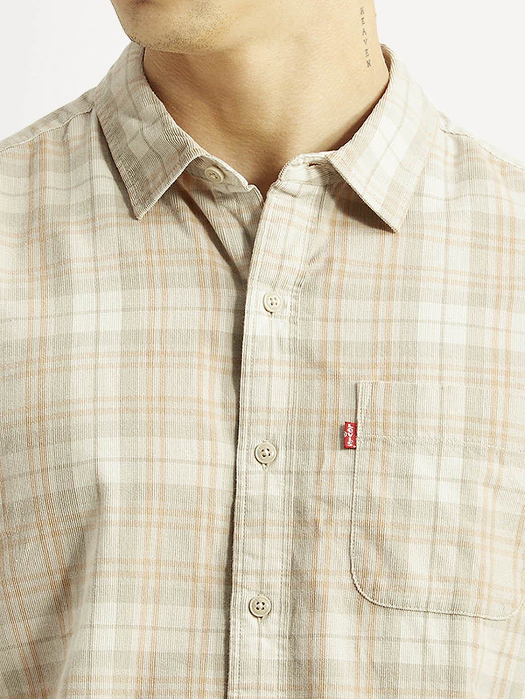 Men's Checkered Beige Slim Fit Shirt - Detail View