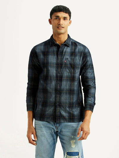 Men's Checkered Blue Slim Fit Corduroy Shirt-image-1