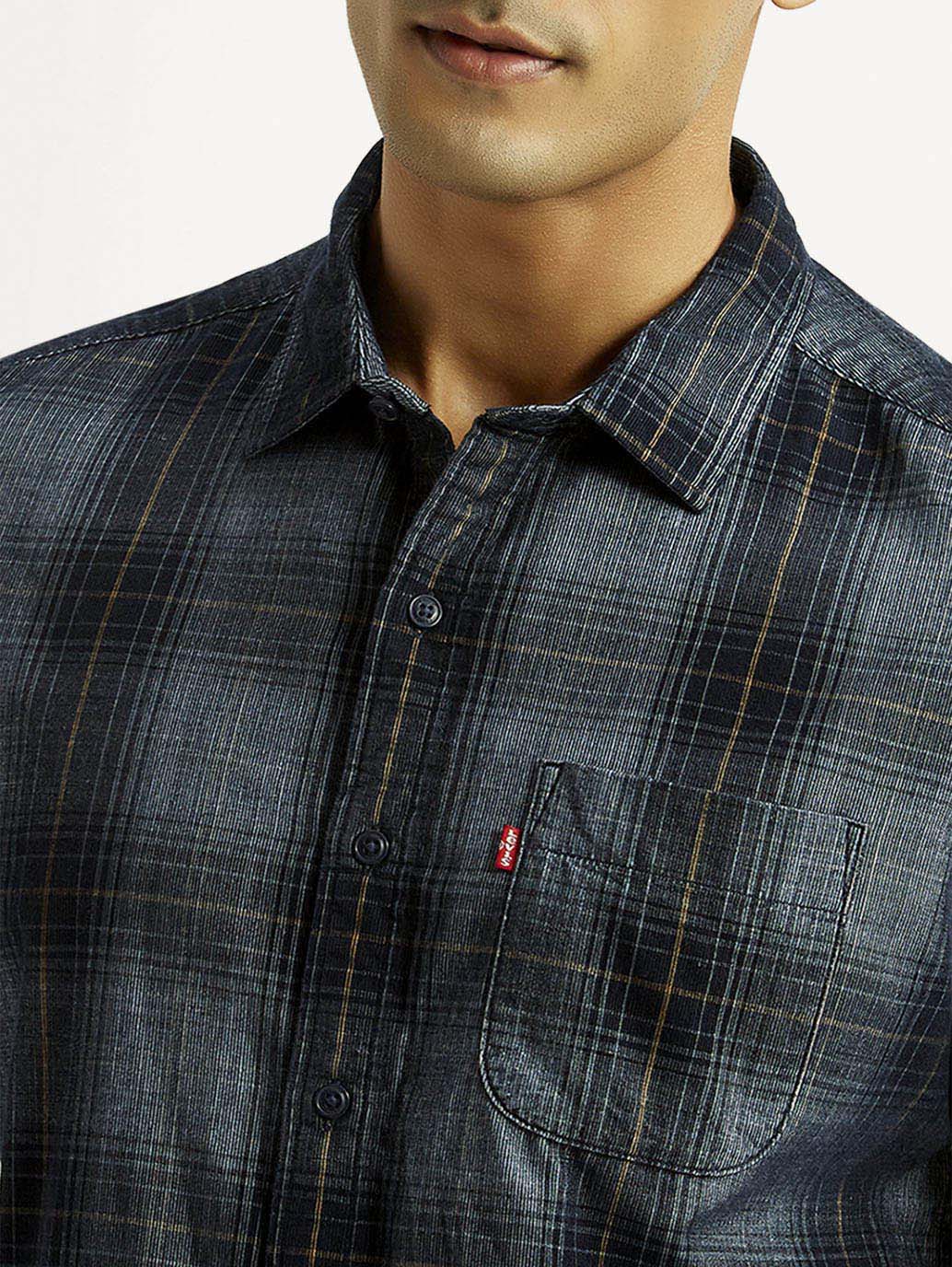 Men's Checkered Blue Slim Fit Shirt - Detail View