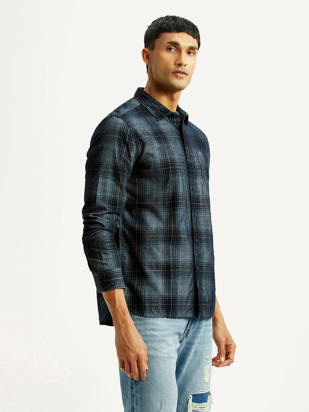 Men's Checkered Blue Slim Fit Shirt - Side View