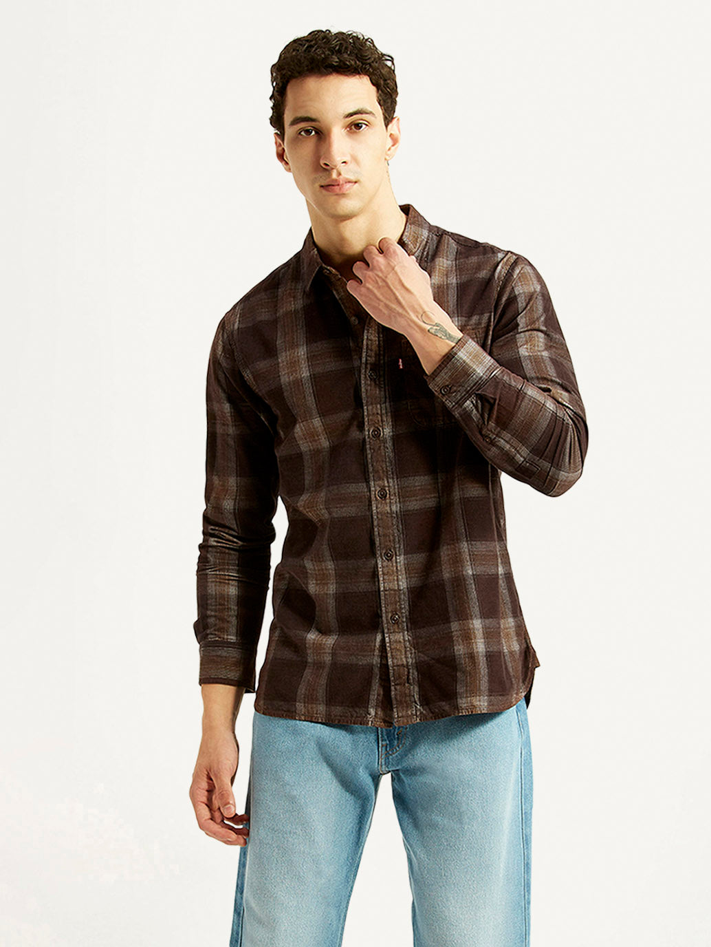 Men's Checkered Brown Slim Fit Corduroy Shirt
