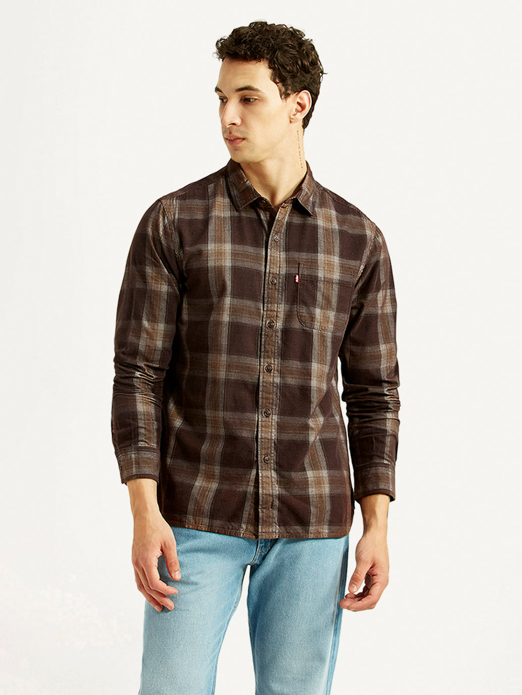 Men's Checkered Brown Slim Fit Shirt - Front View