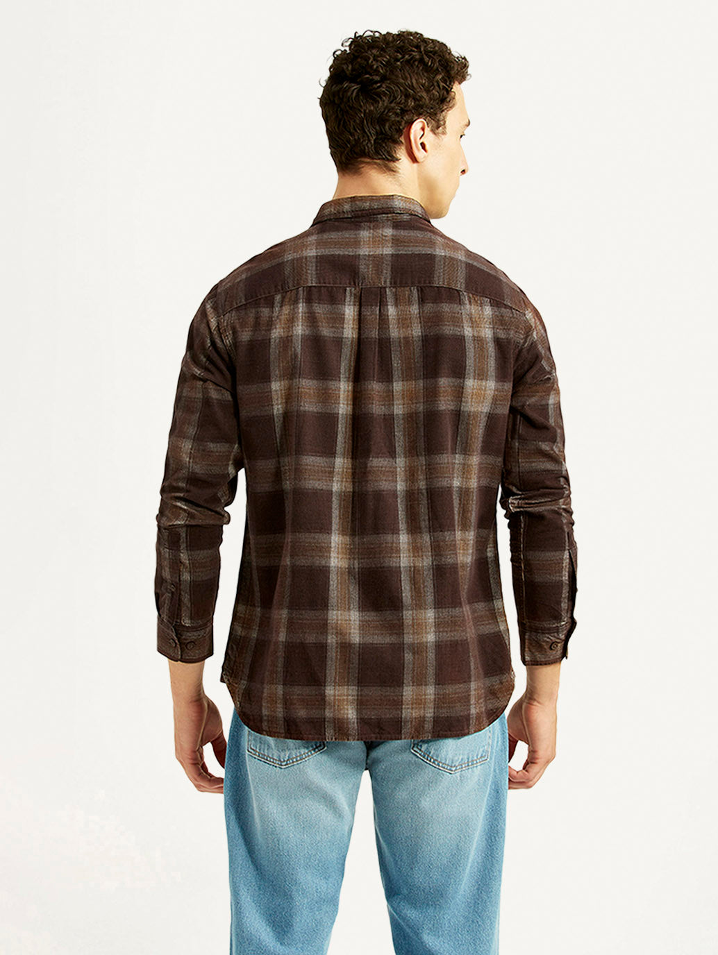 Men's Checkered Brown Slim Fit Shirt - Back View