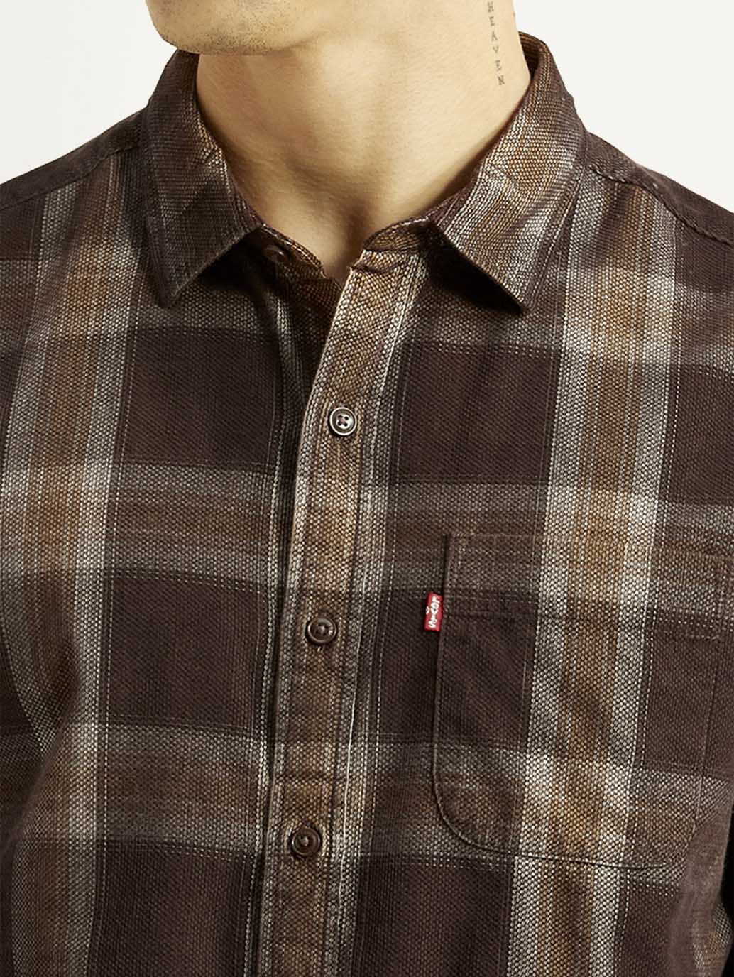 Men's Checkered Brown Slim Fit Shirt - Detail View