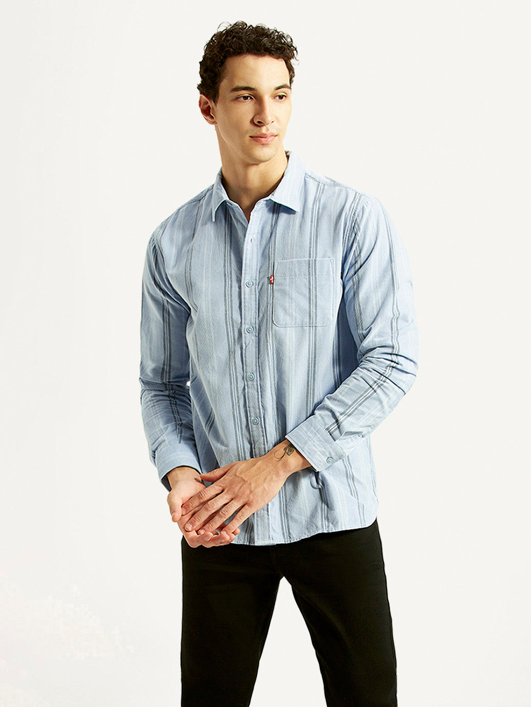 Men's Striped Light Blue Slim Fit Corduroy Shirt