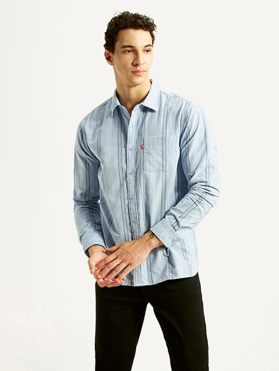 Men's Striped Light Blue Slim Fit Shirt-image-22
